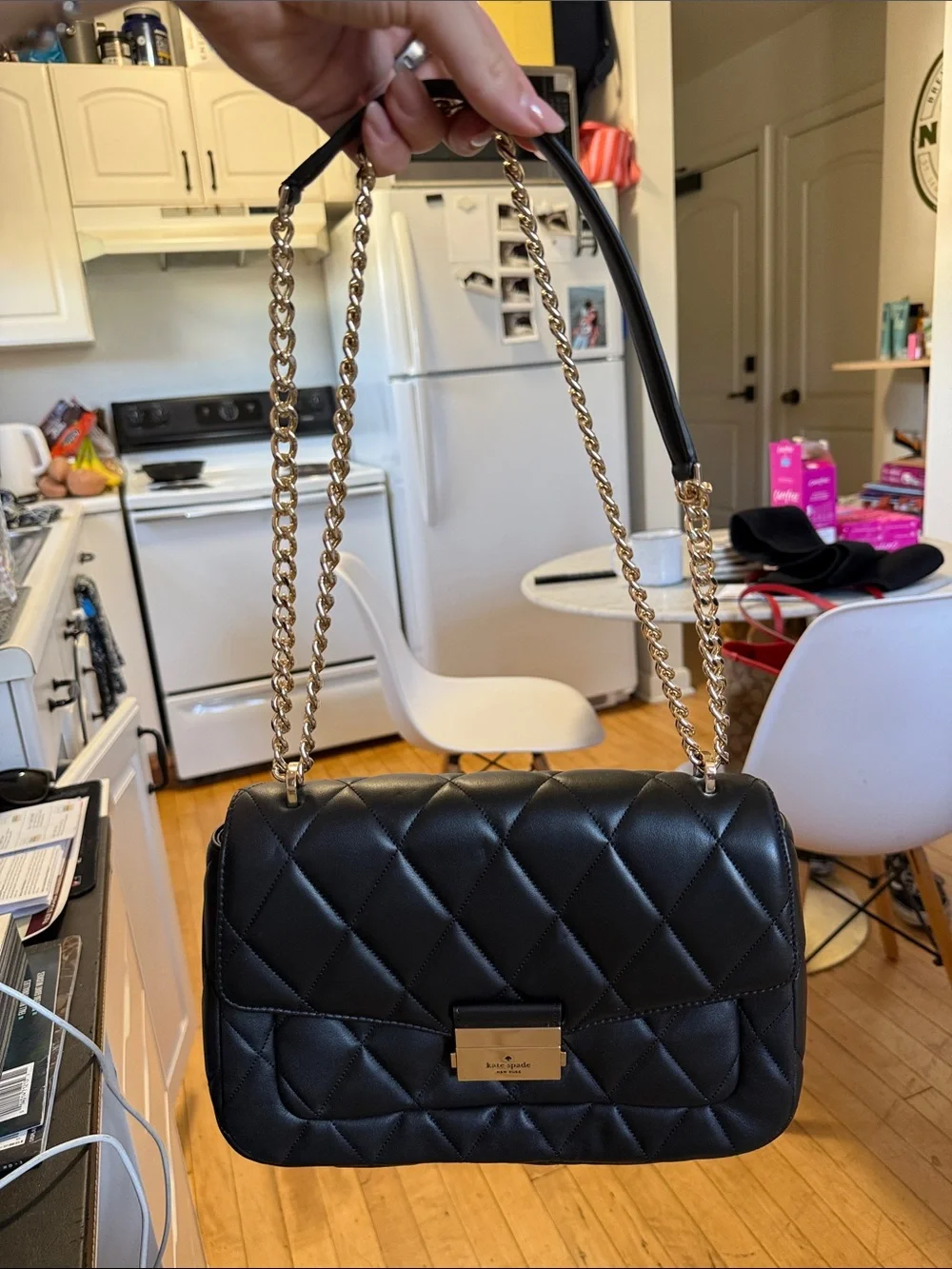 kate spade Black Quilted Shoulder Bag with Gold Chain